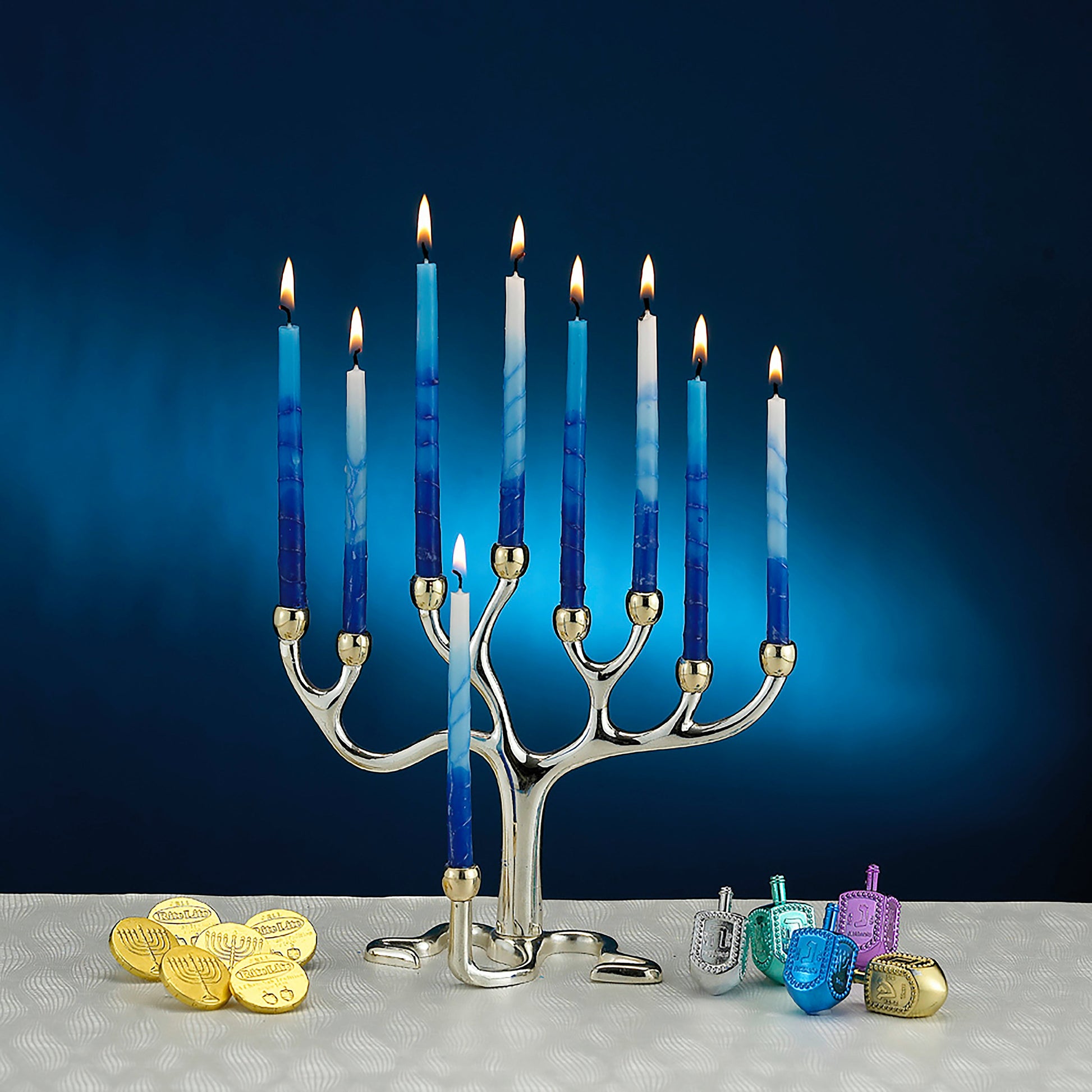 Hanukkiah with, lit, tri color, decorated blue and white
