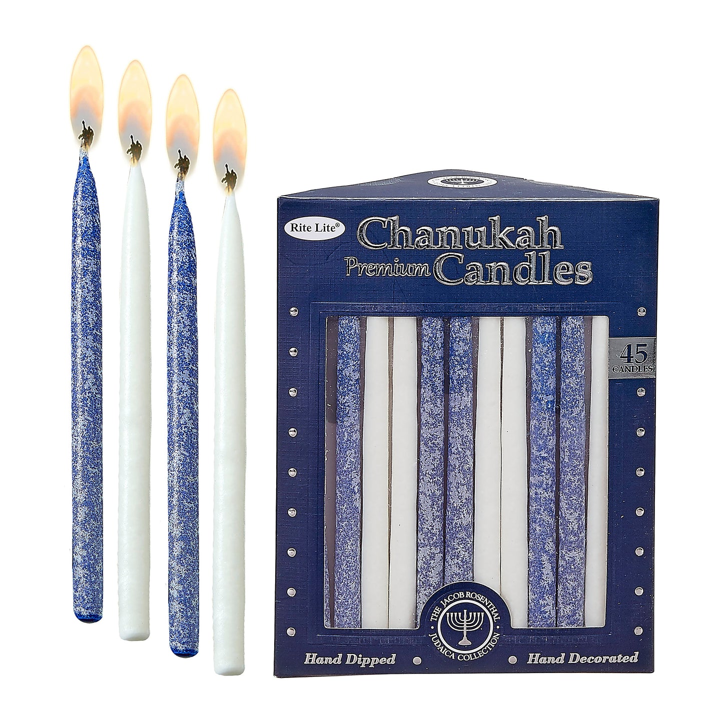 Box of frosted Blue and White Candles with 4 candles outside of box