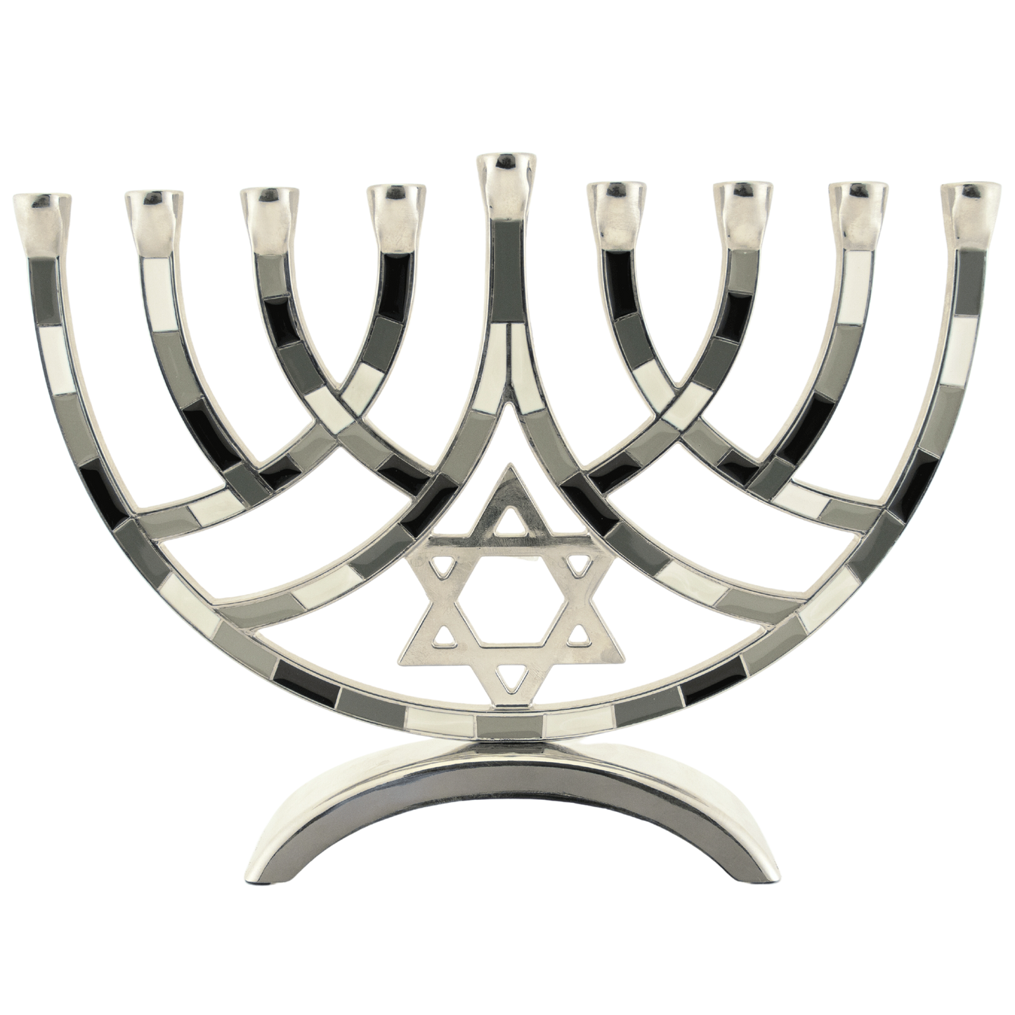 Silver-plated Hanukkiah with color blocks of grey tones on the branches and a Star of David in the center