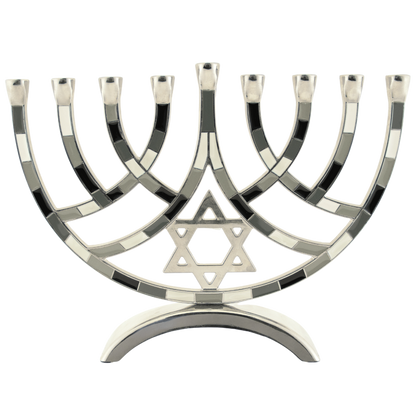 Silver-plated Hanukkiah with color blocks of grey tones on the branches and a Star of David in the center