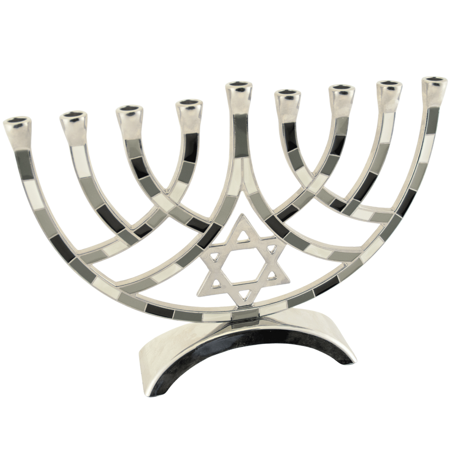 Silver-plated Hanukkiah with color blocks of grey tones on the branches and a Star of David in the center