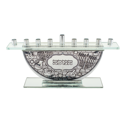 Glass hanukkiah with silver branches and a design on the front that includes dreidels and hanukkiahs