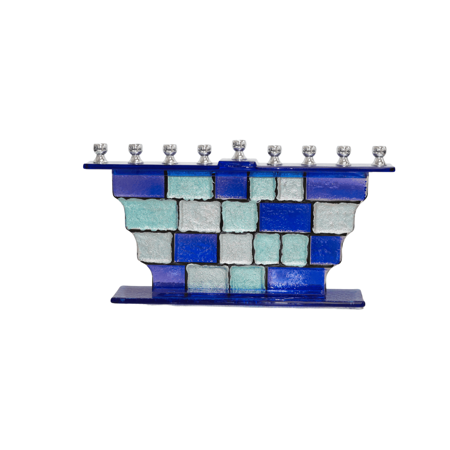 Blue glass hanukkiah with a painted brick pattern