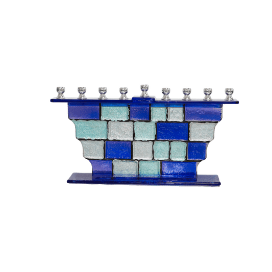 Blue glass hanukkiah with a painted brick pattern