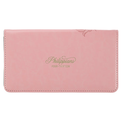 Through Christ Fluted Iris Pink Faux Leather Checkbook Wallet - Philippians 4:13