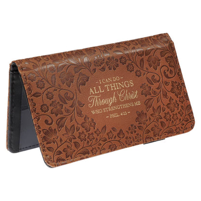 All Things Honey-brown Faux Leather Checkbook Wallet - Philippians 4:13
