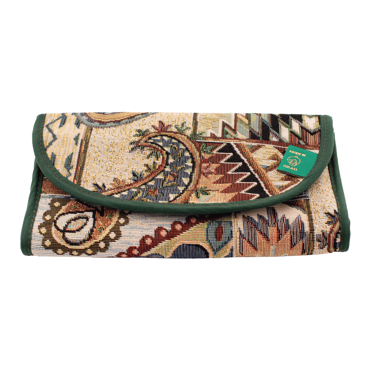 Clutch/crossbody purse with a green traditional Beduin Granado pattern