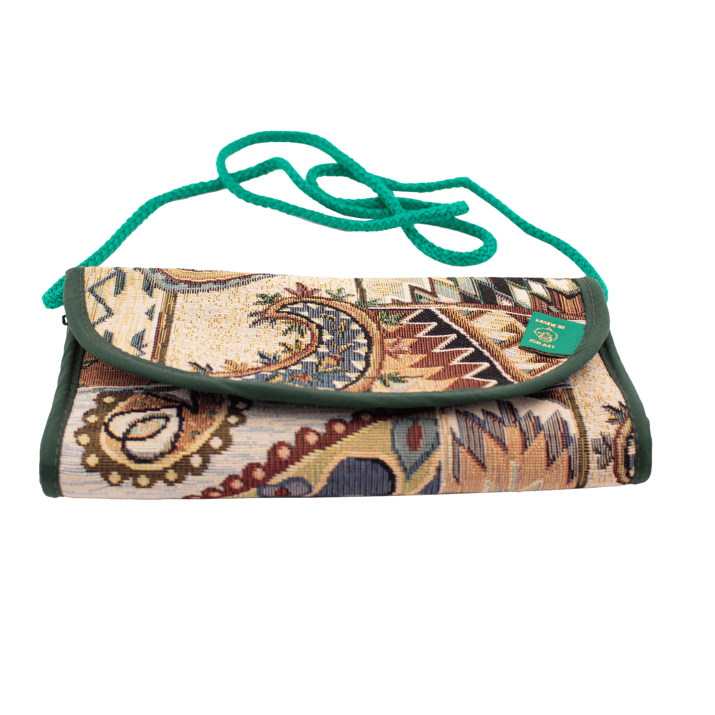 Clutch/crossbody purse with a green traditional Beduin Granado pattern