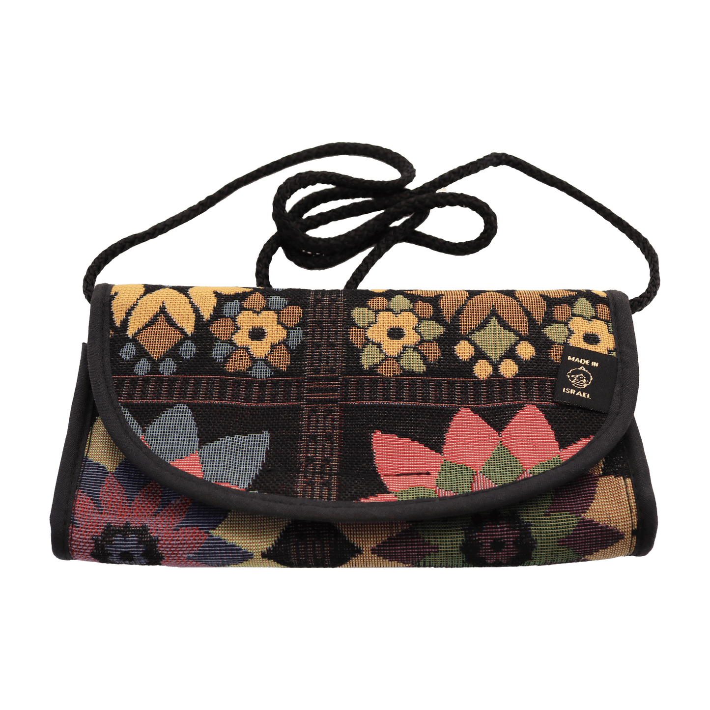 Black clutch/crossbody purse with a traditional Beduin floral lattice pattern