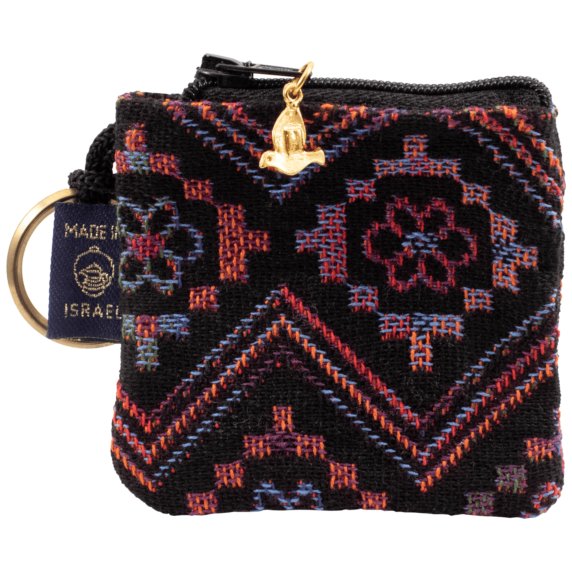 Keychain Change Purse Black with colorful Flowers in geometric square