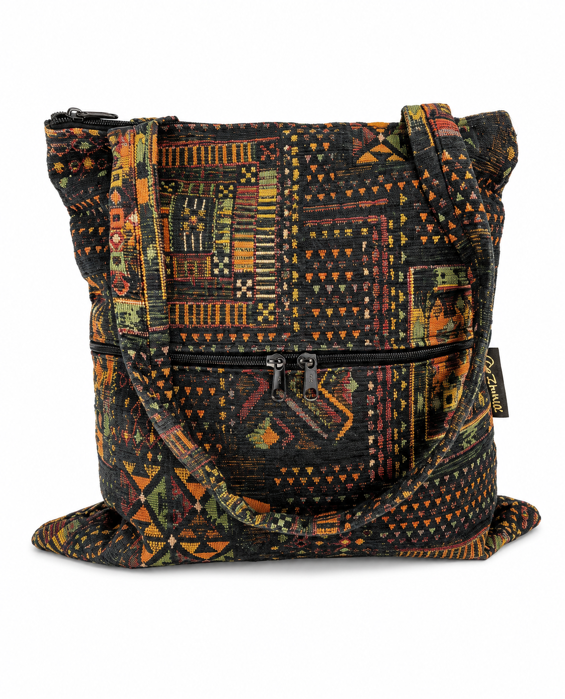 Large woven Israeli tote purse in Black Geo design