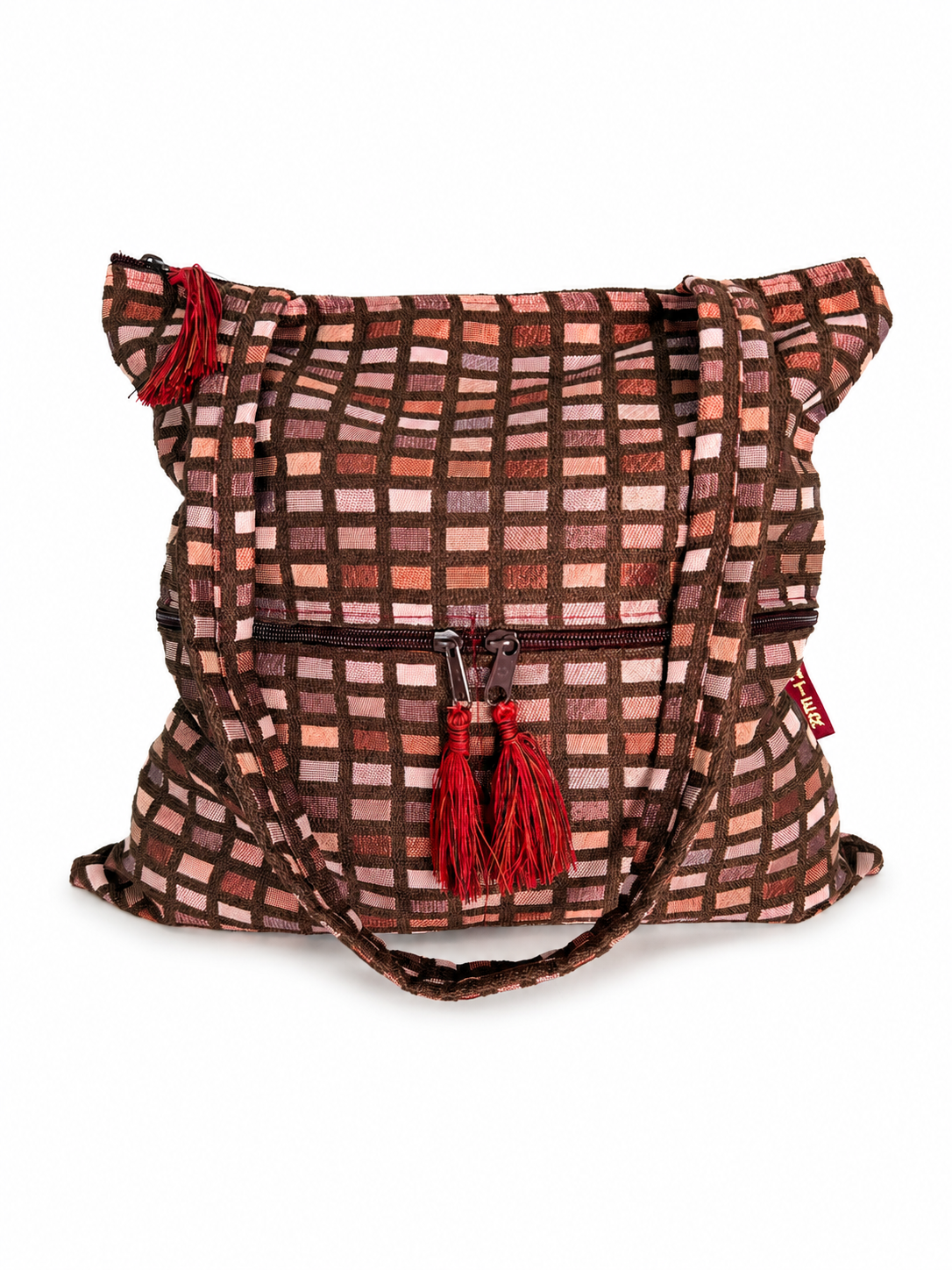 Large woven Israeli tote purse in Blush Tile design