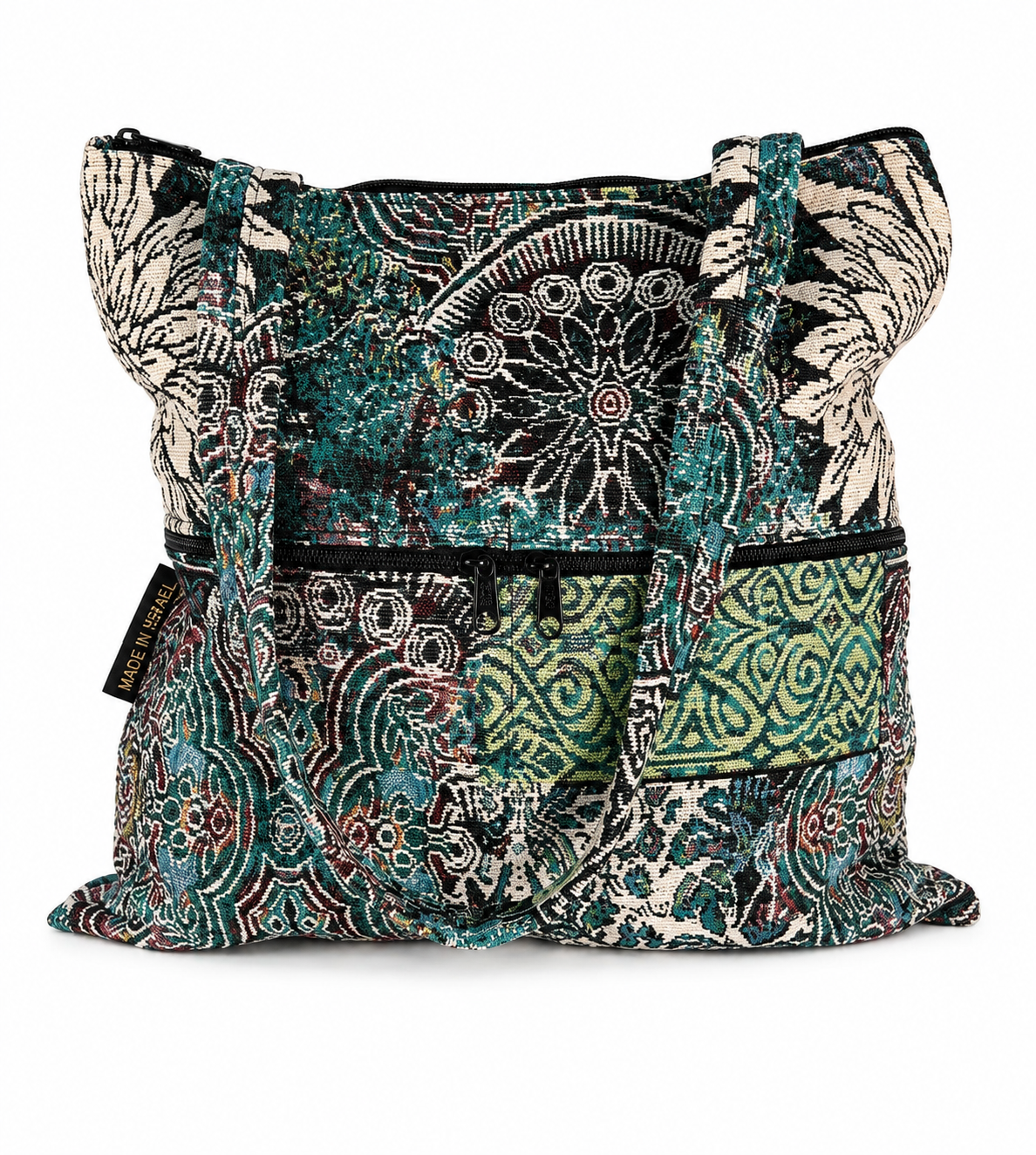 Large woven Israeli tote purse in Black Forest design