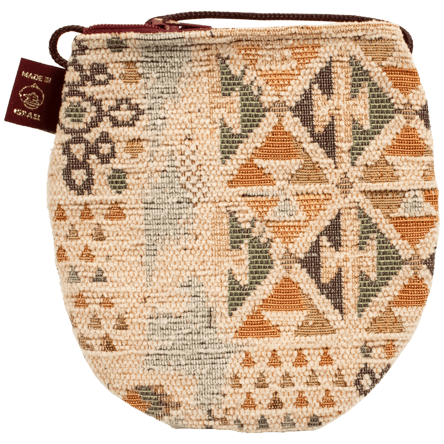 Beige purse with geometric patterns earthy tones and burgundy zipper