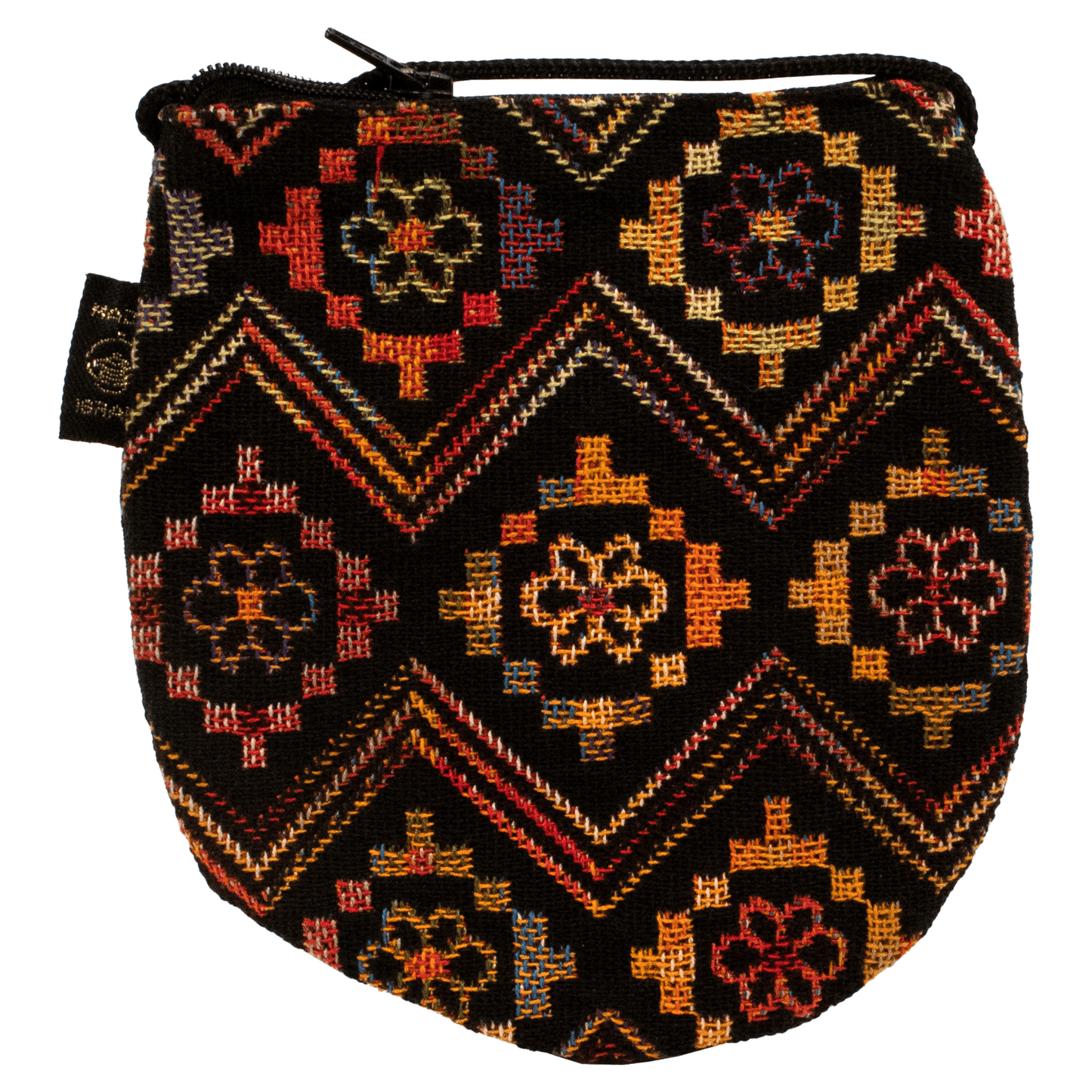 Black crossbody purse with colorful flowers centered in geometric square