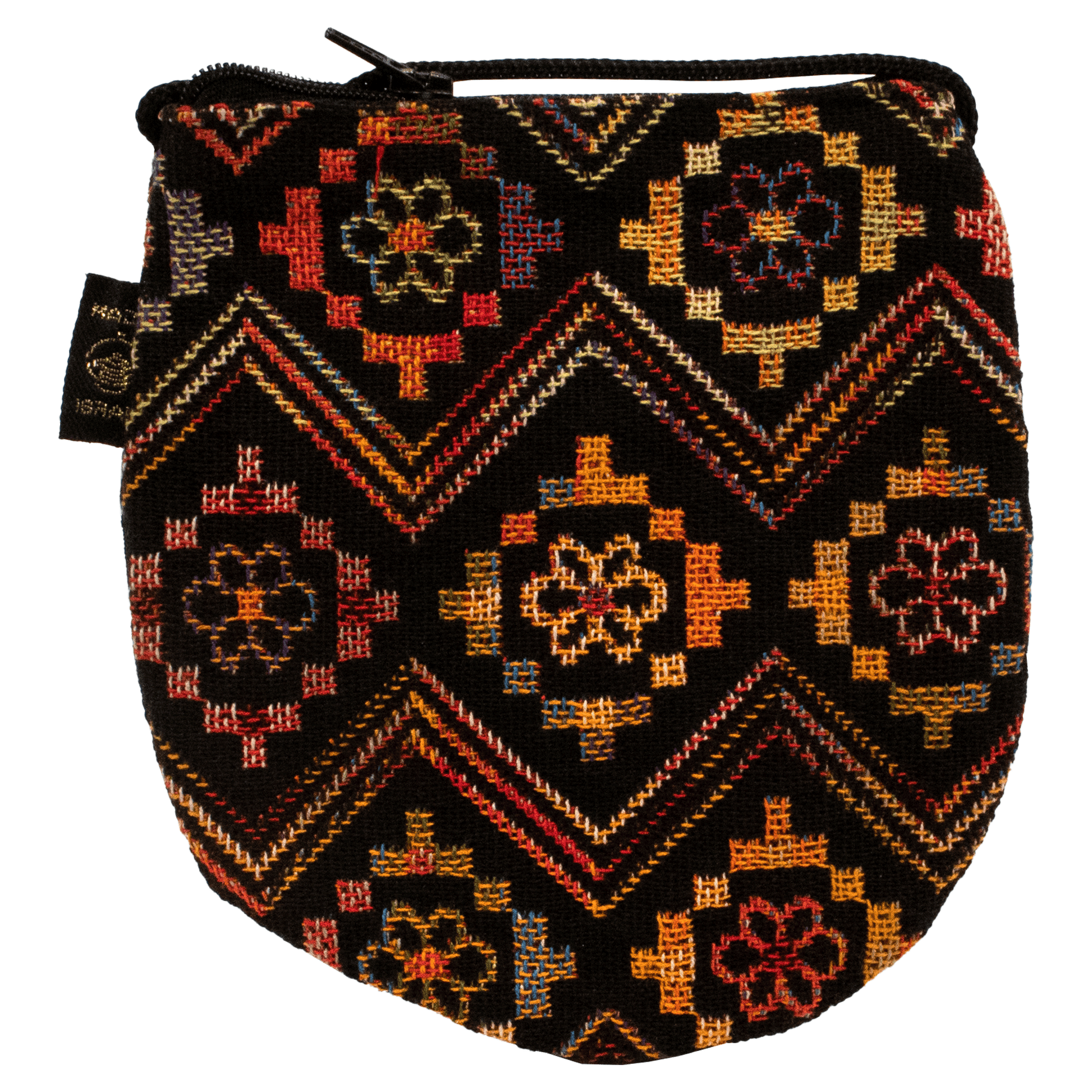 Black crossbody purse with colorful flowers centered in geometric square