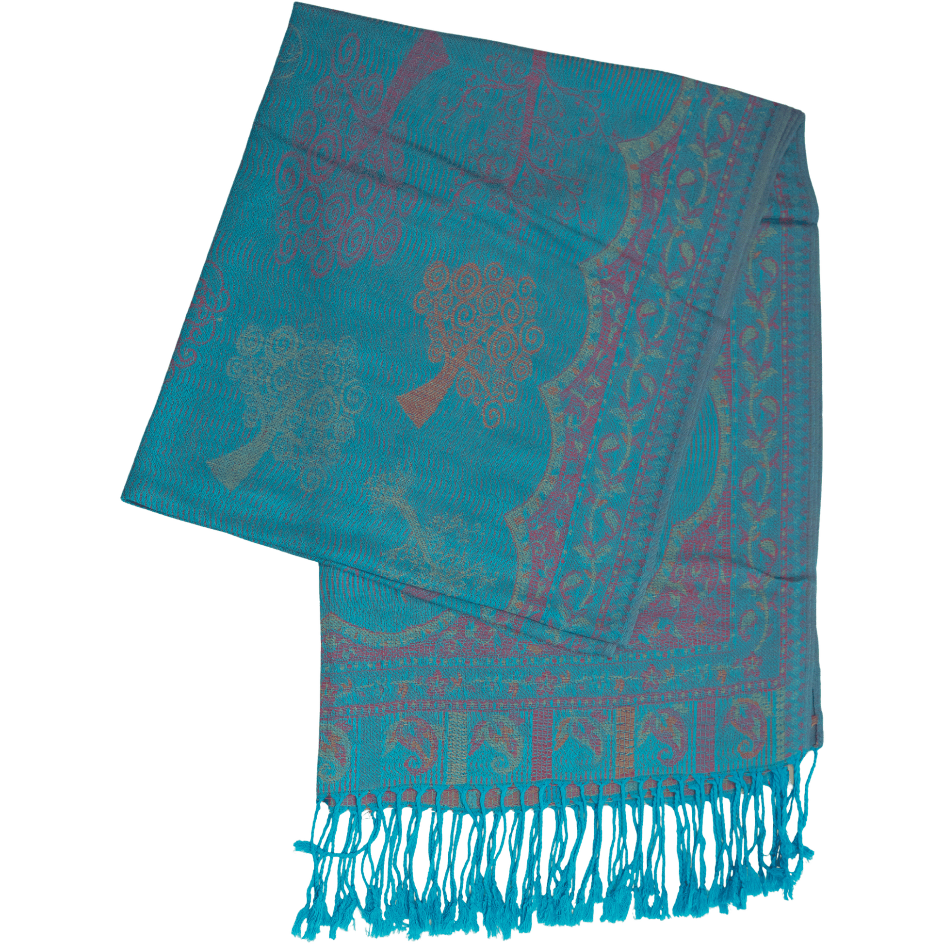 Turquoise Tree of Life scarf with a floral and paisley border