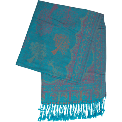 Turquoise Tree of Life scarf with a floral and paisley border