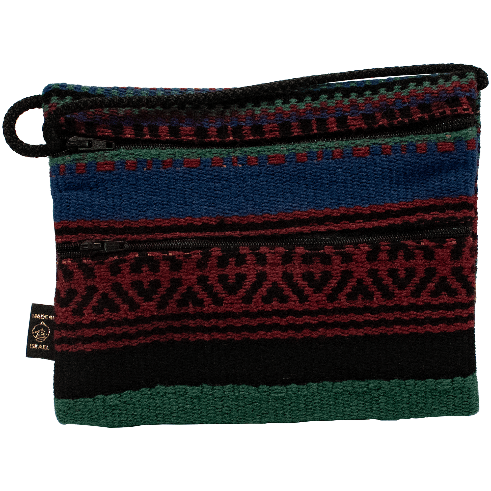 Double zipper horizontal crossbody bag Dark green red and blue tones