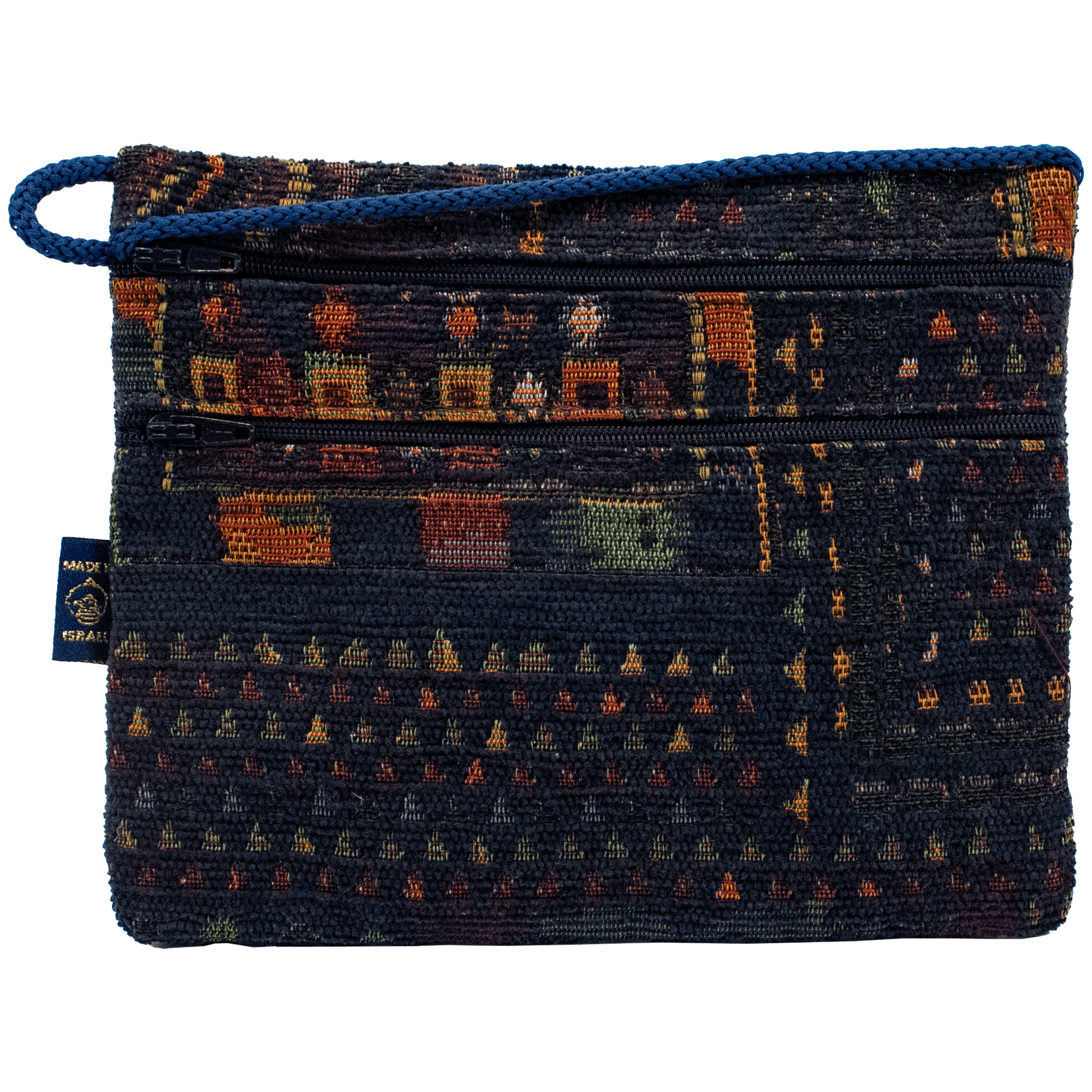 Double zipper horizontal crossbody bag with Geometric pattern Navy Blue and earthy tones