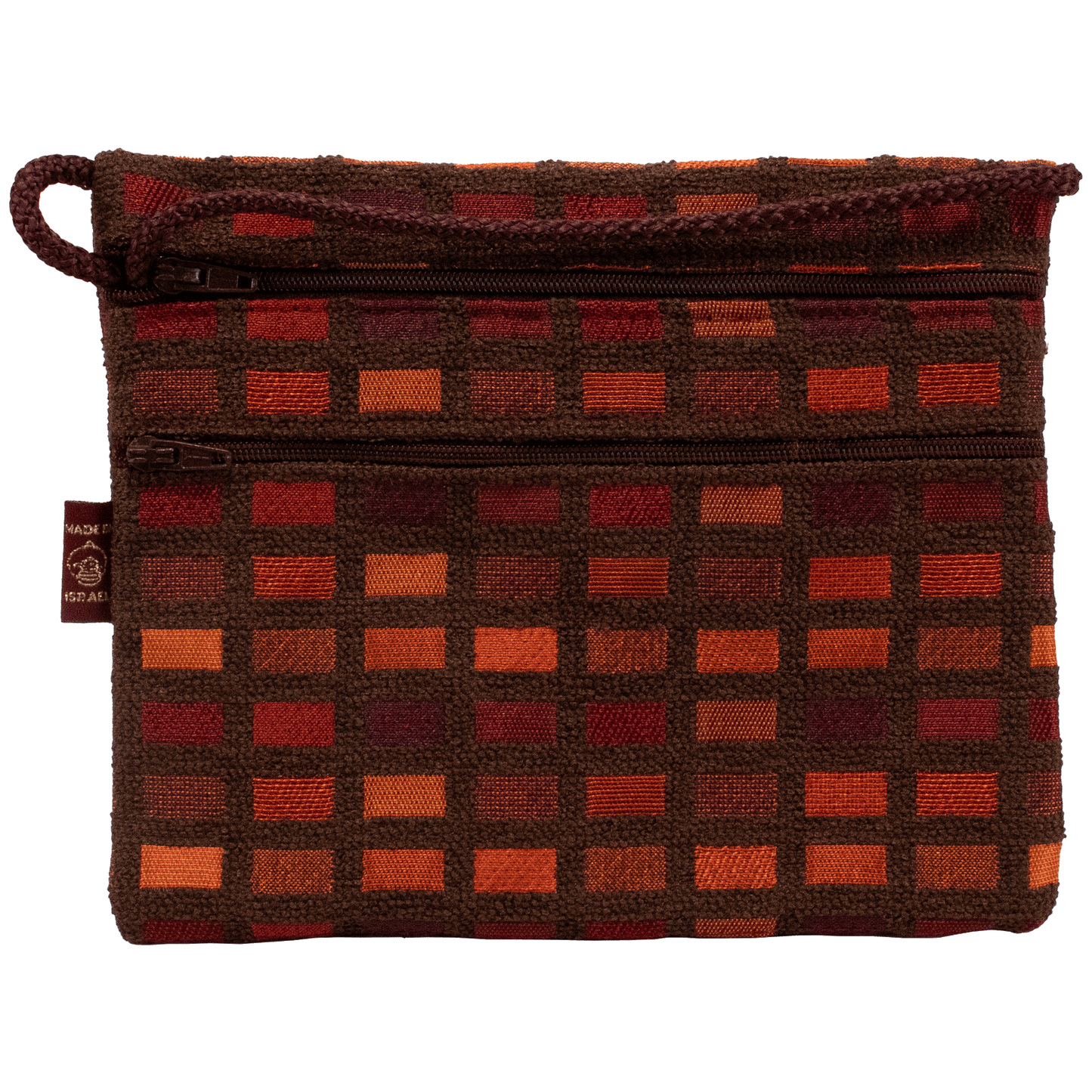 Double zipper horizontal crossbody bag with Maroon Red Tone rectangle tiles