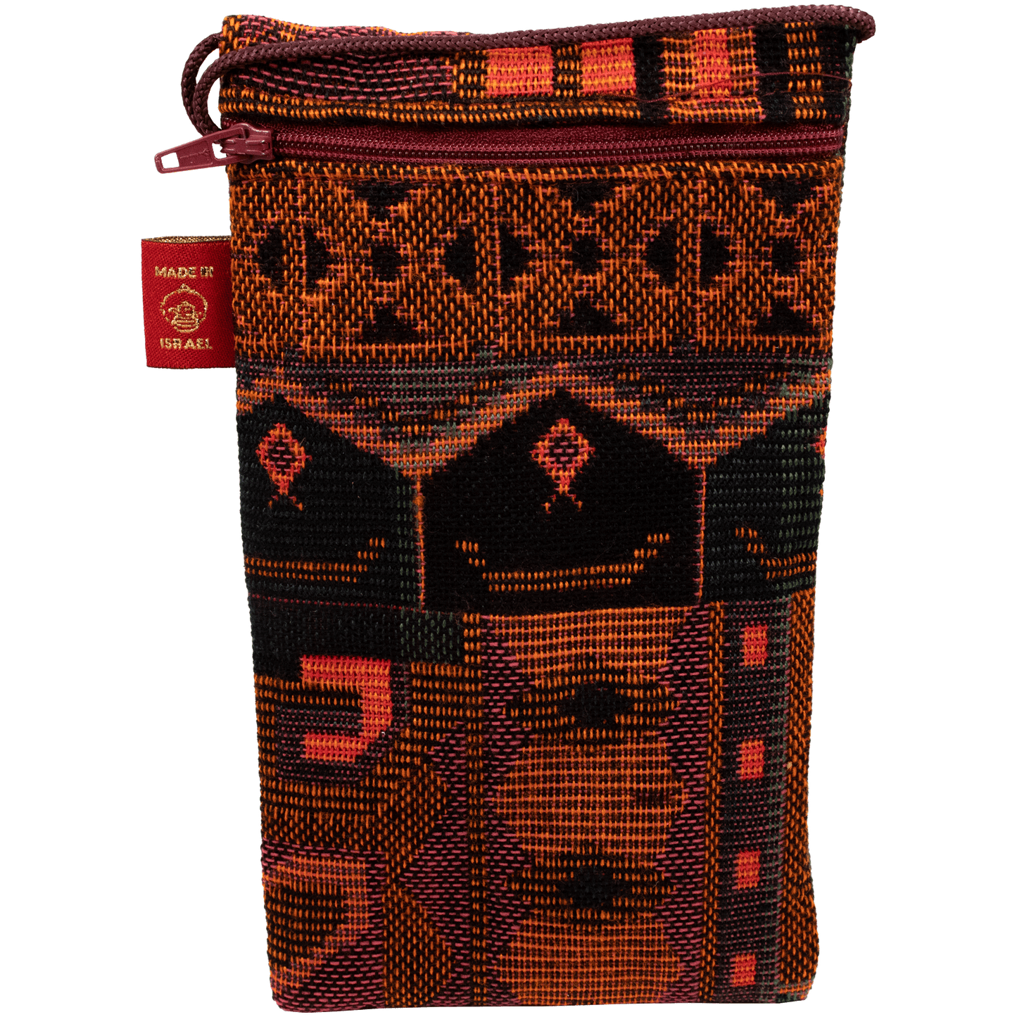 Slim rectangle purse orange black green and maroon with aboriginal pattern