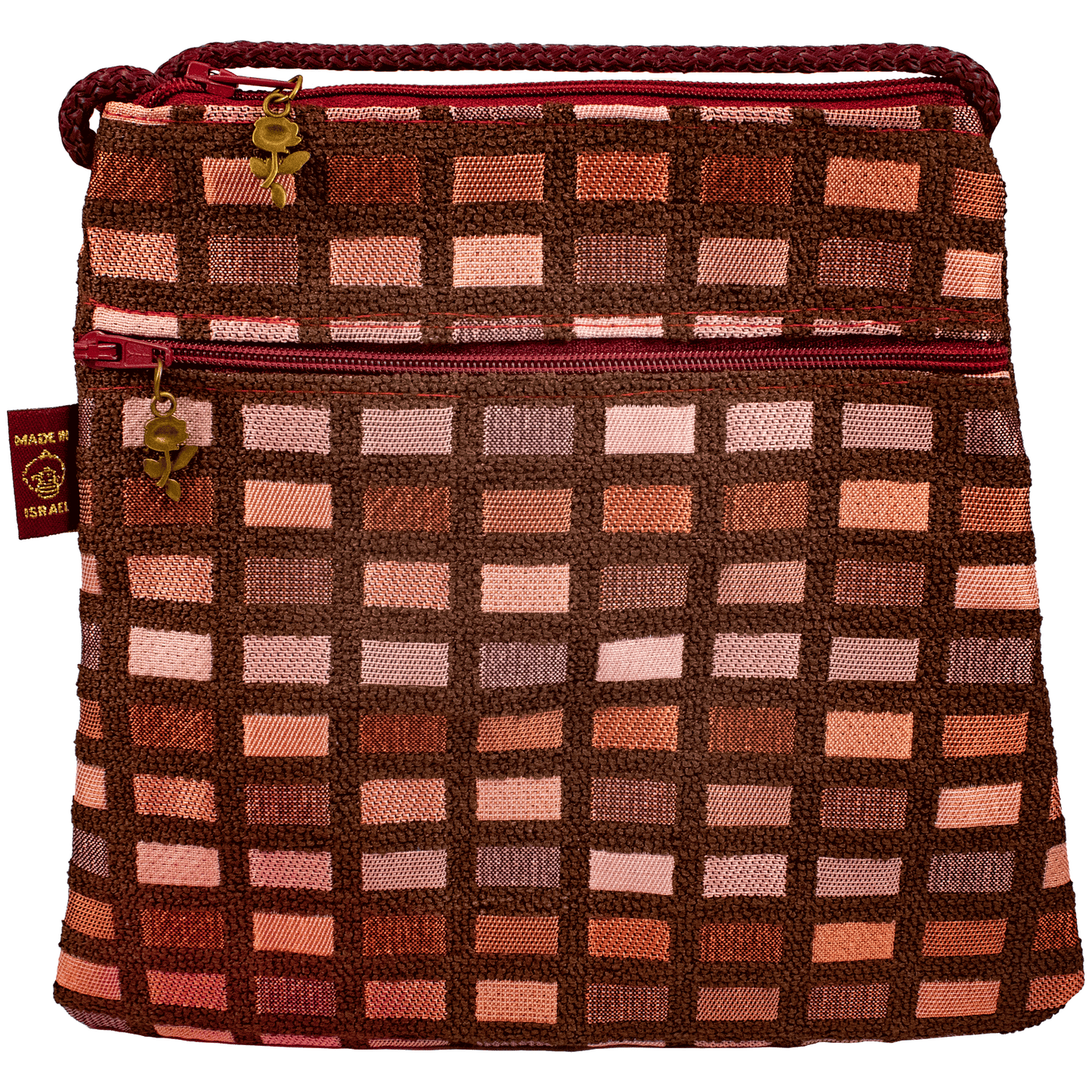 Crossbody Subtle Trapezoid Purse with maroon and blush hues tile pattern