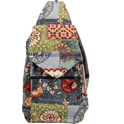Convertible backpack shoulder bag navy blue green red floral patchwork pattern