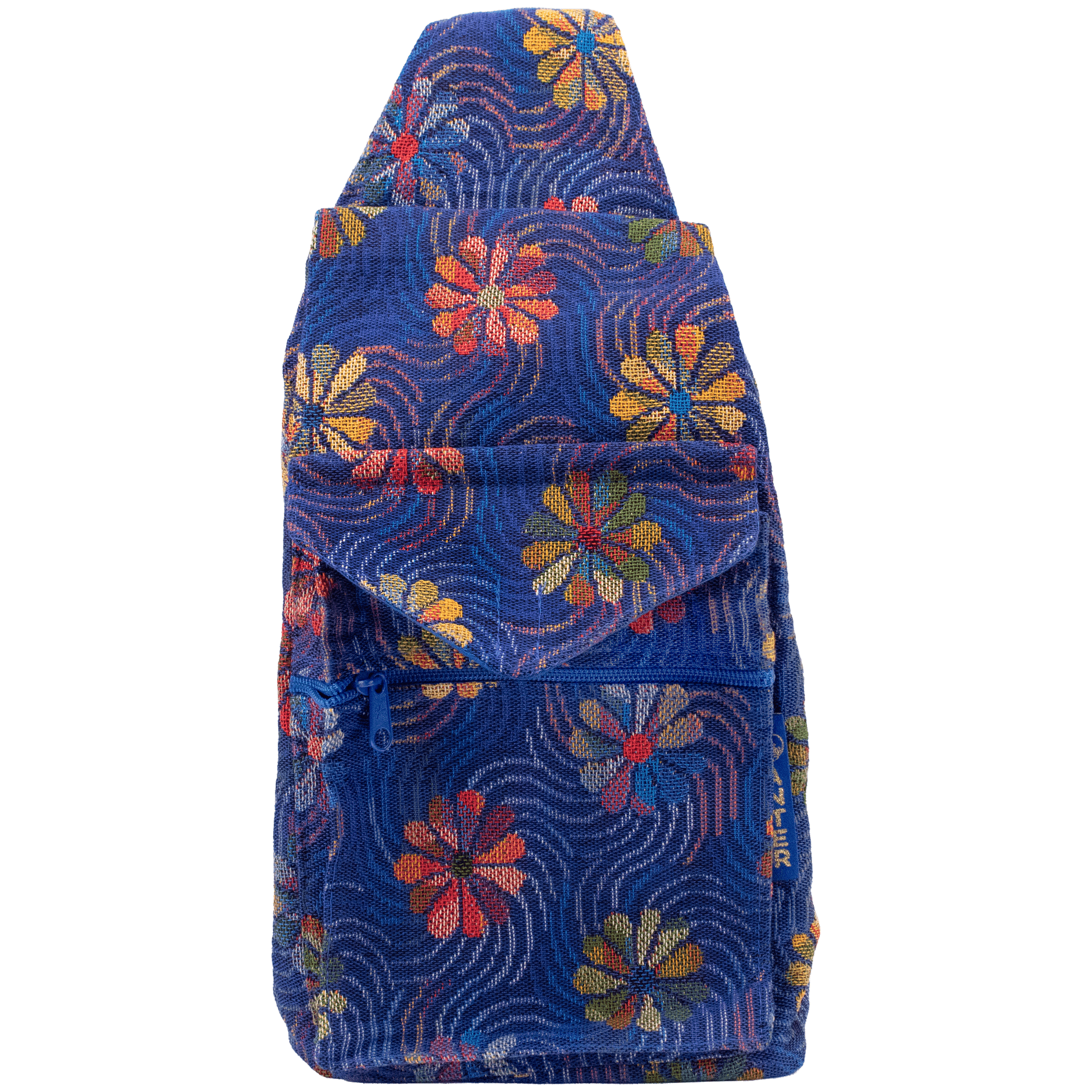 Convertible backpack shoulder bag blue with rainbow whimsical daisy pattern