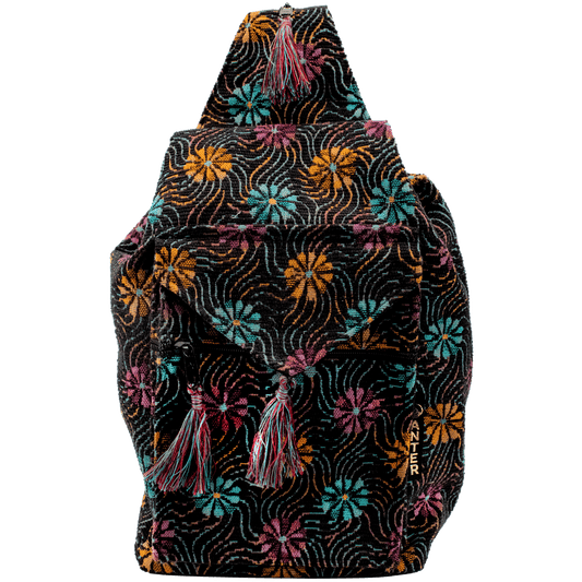 Convertible Backpack Shoulder bag black with blue orange and pink whimsical floral pattern