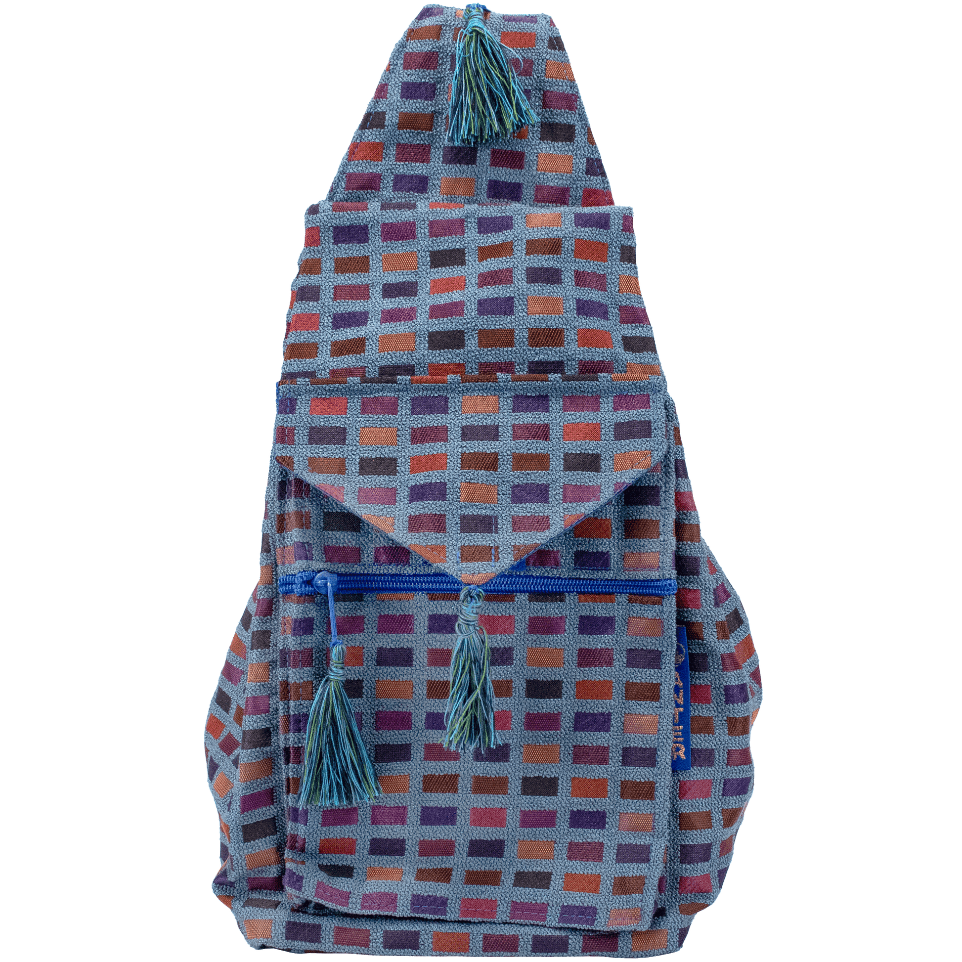 Convertible backpack shoulder bag blue with earthy toned tile pattern