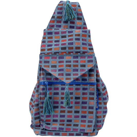 Convertible backpack shoulder bag blue with earthy toned tile pattern