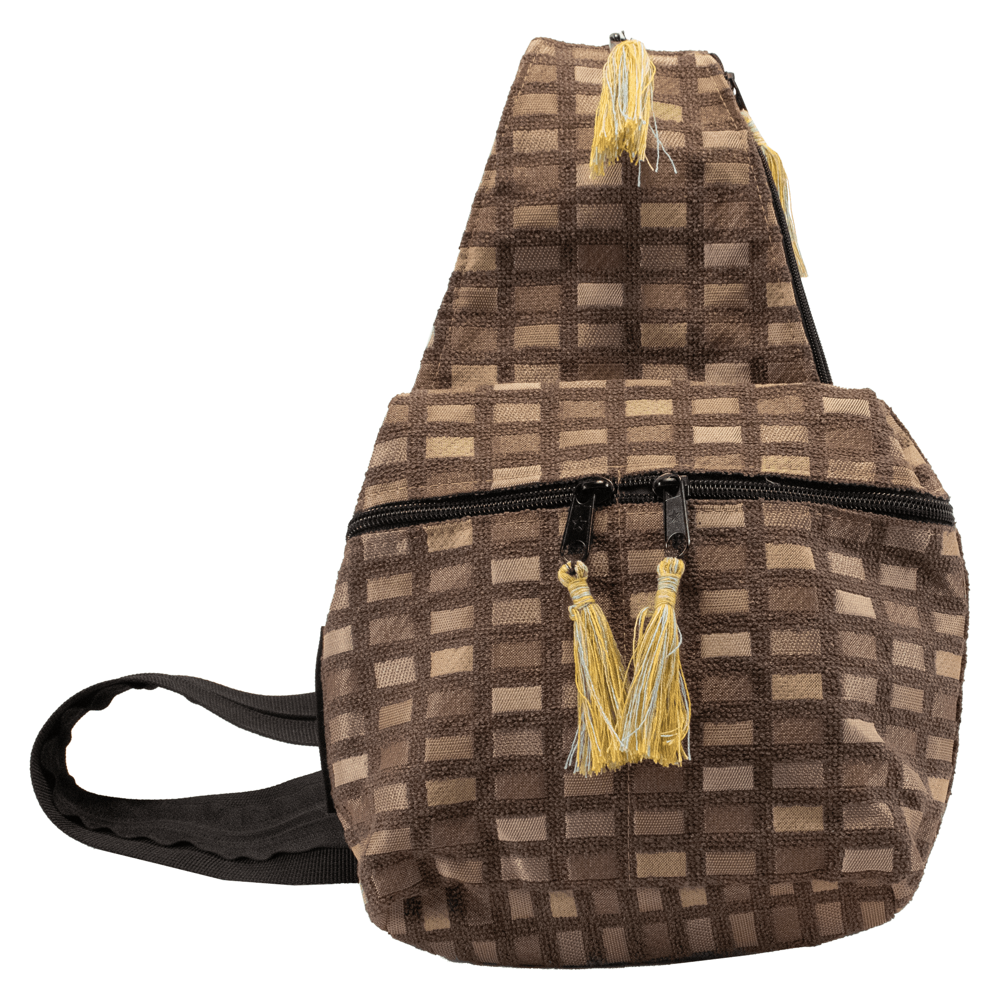 Small convertible backpack shoulder bag light brown with tan and brown shimmery tile pattern