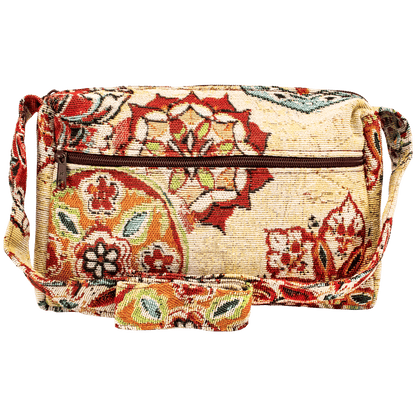 Medium Crossbody or shoulder purse light yellow with red and orange toned floral pattern