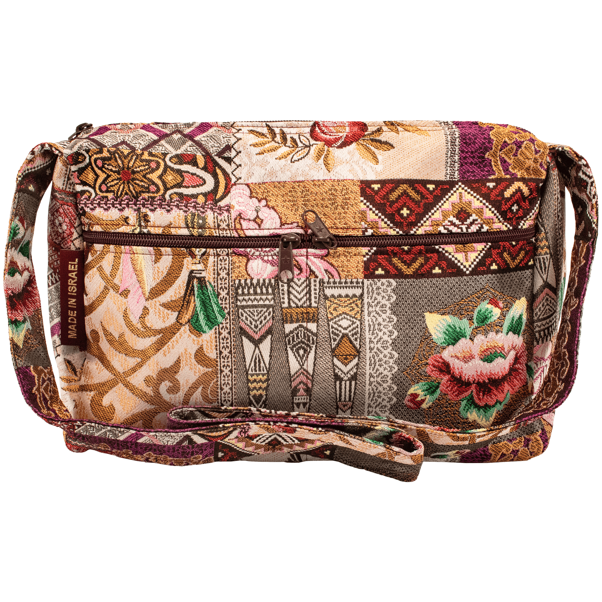 Large crossbody shoulder bag with floral and tribal pattern patchwork