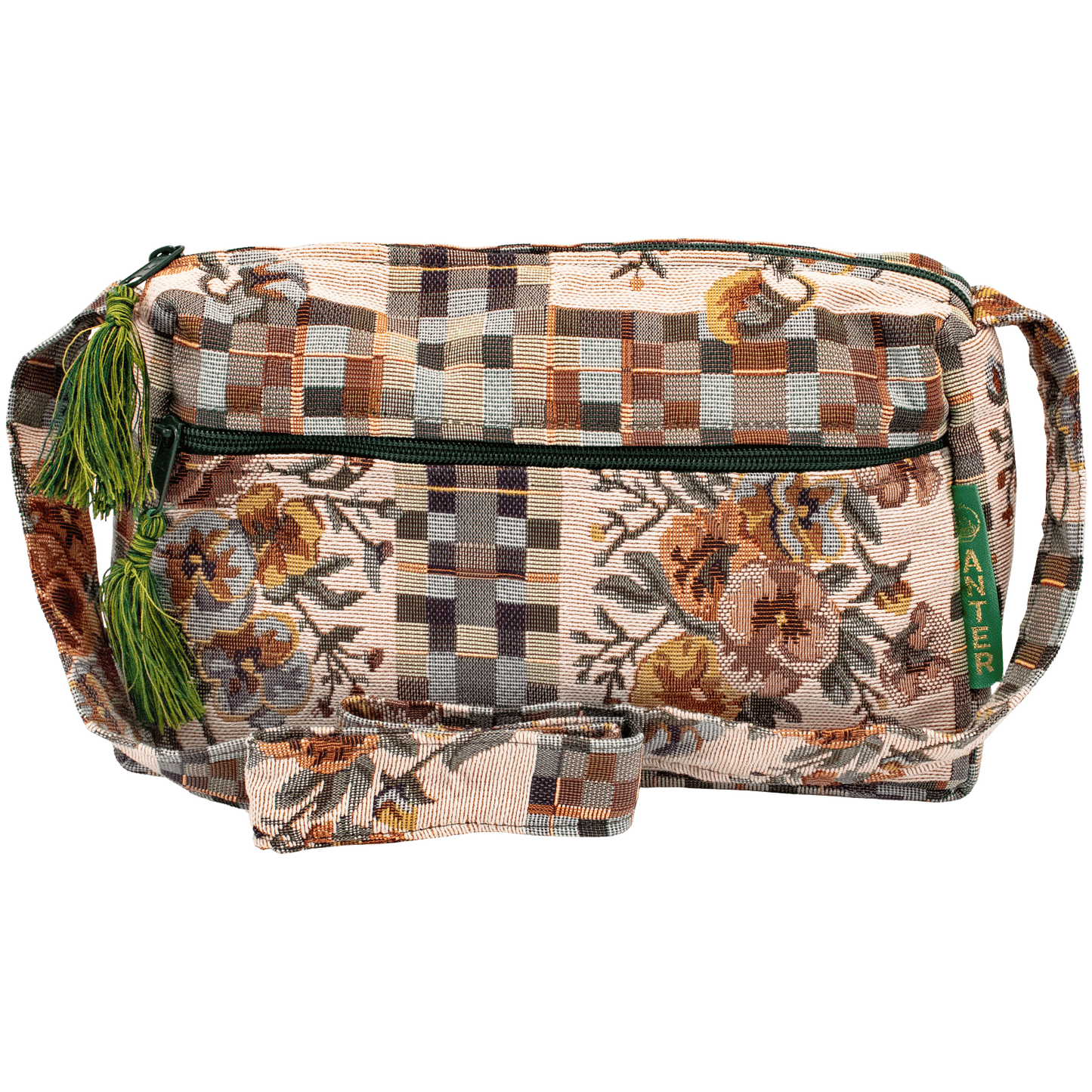 Medium crossbody shoulder bag green and earthy tone square floral pattern