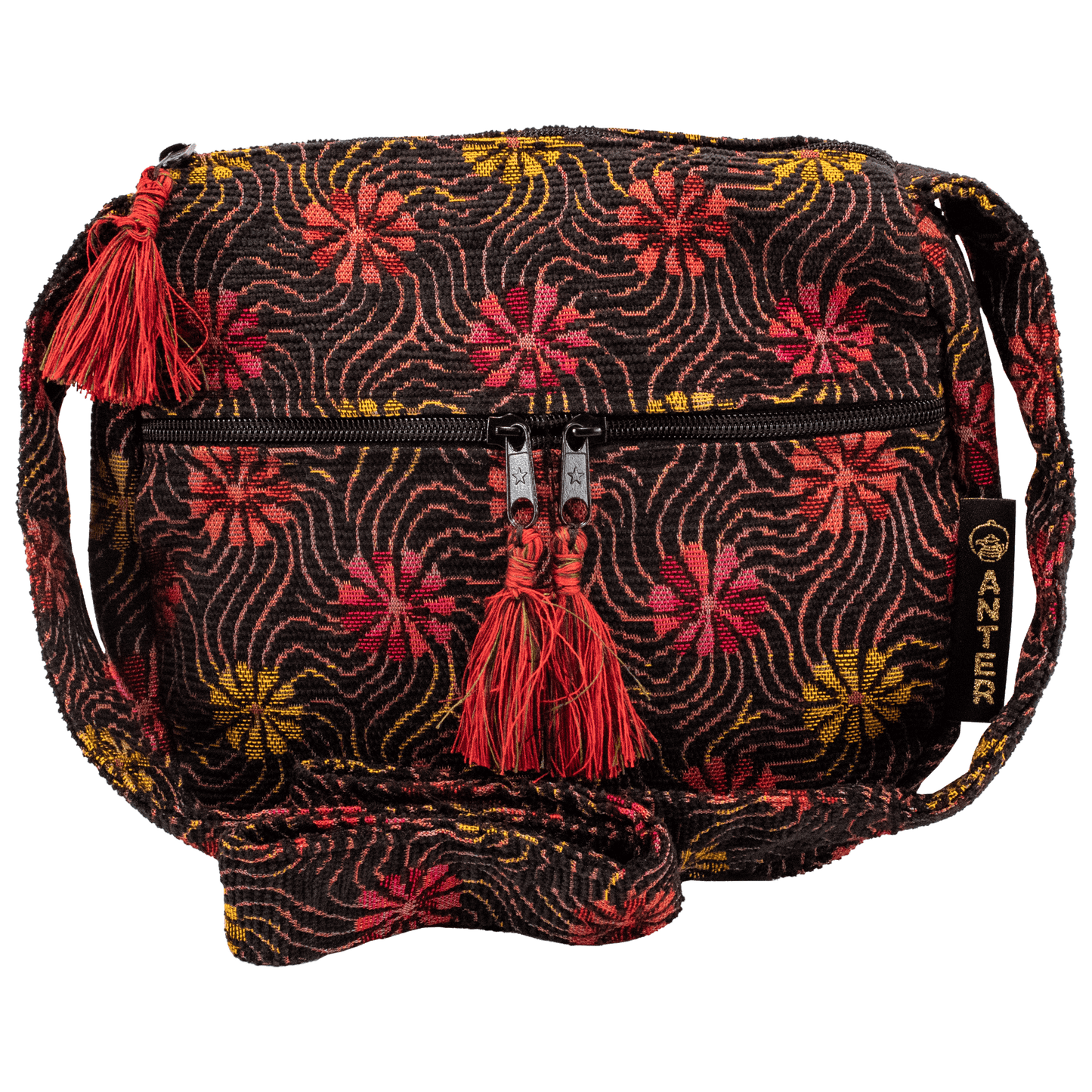 Black medium crossbody or shoulder bag with Red, yellow, and orange whimsical daisy pattern and tassels