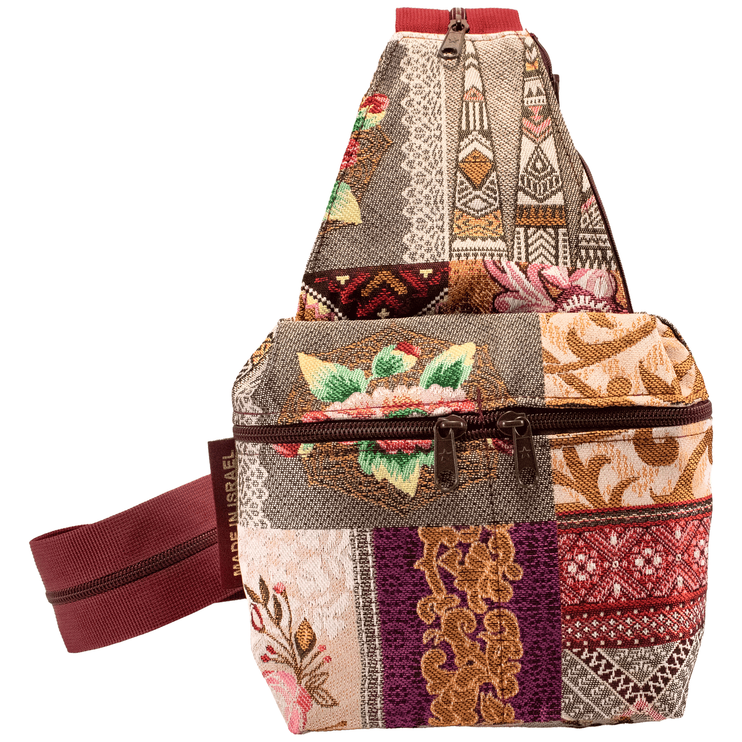 Small convertible backpack shoulder bag maroon and peach hue multi-pattern patchwork