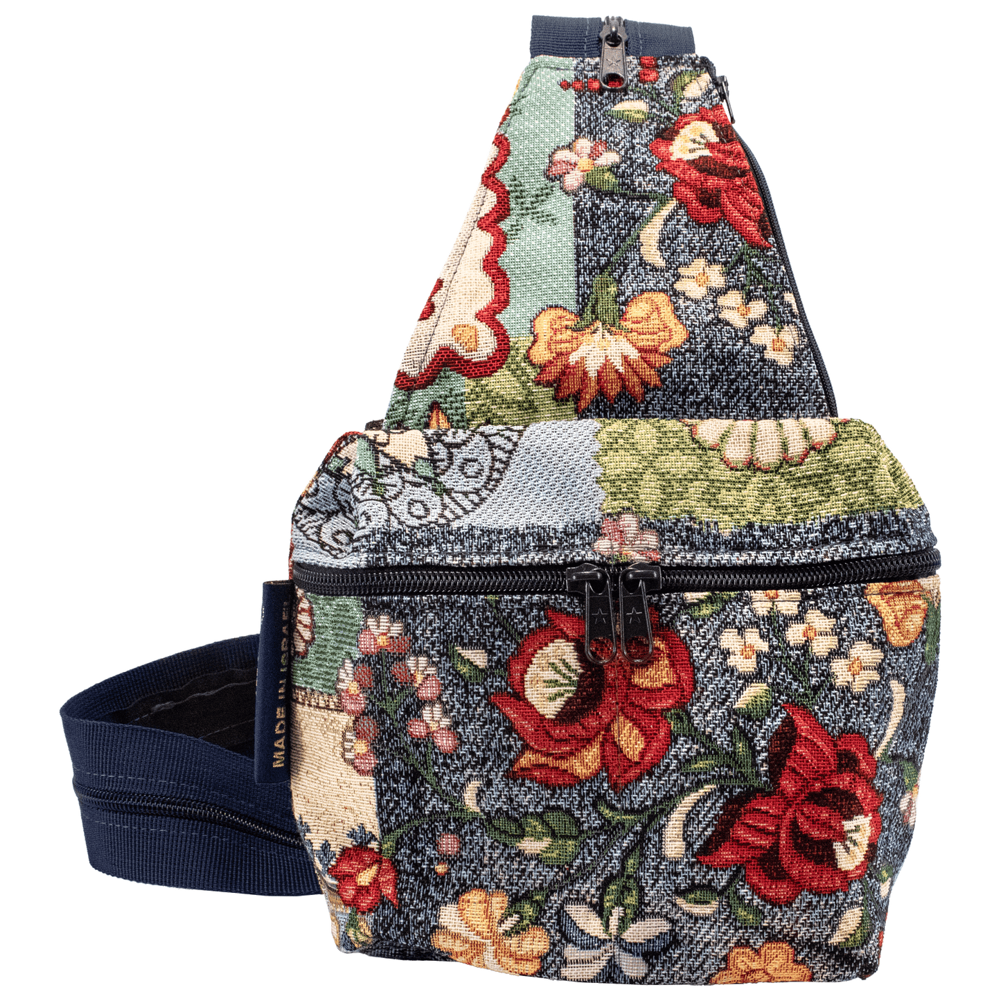 Small convertible backpack shoulder bag Navy and multi-color floral patchwork pattern
