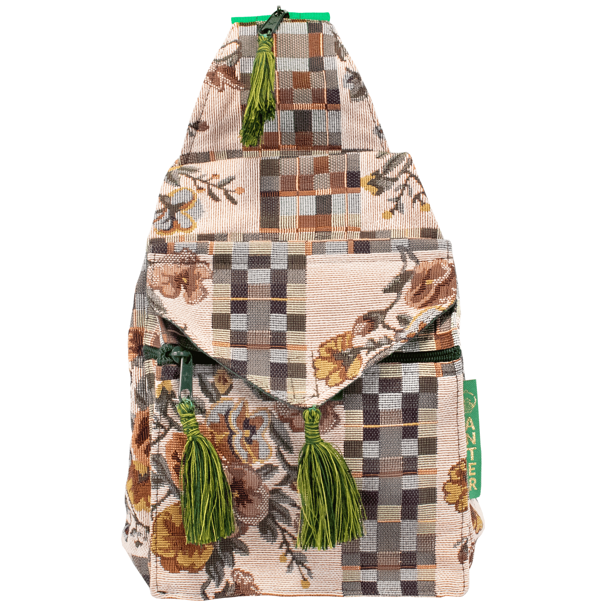 Convertible backpack to shoulder bag medium green earthy toned checker and floral pattern