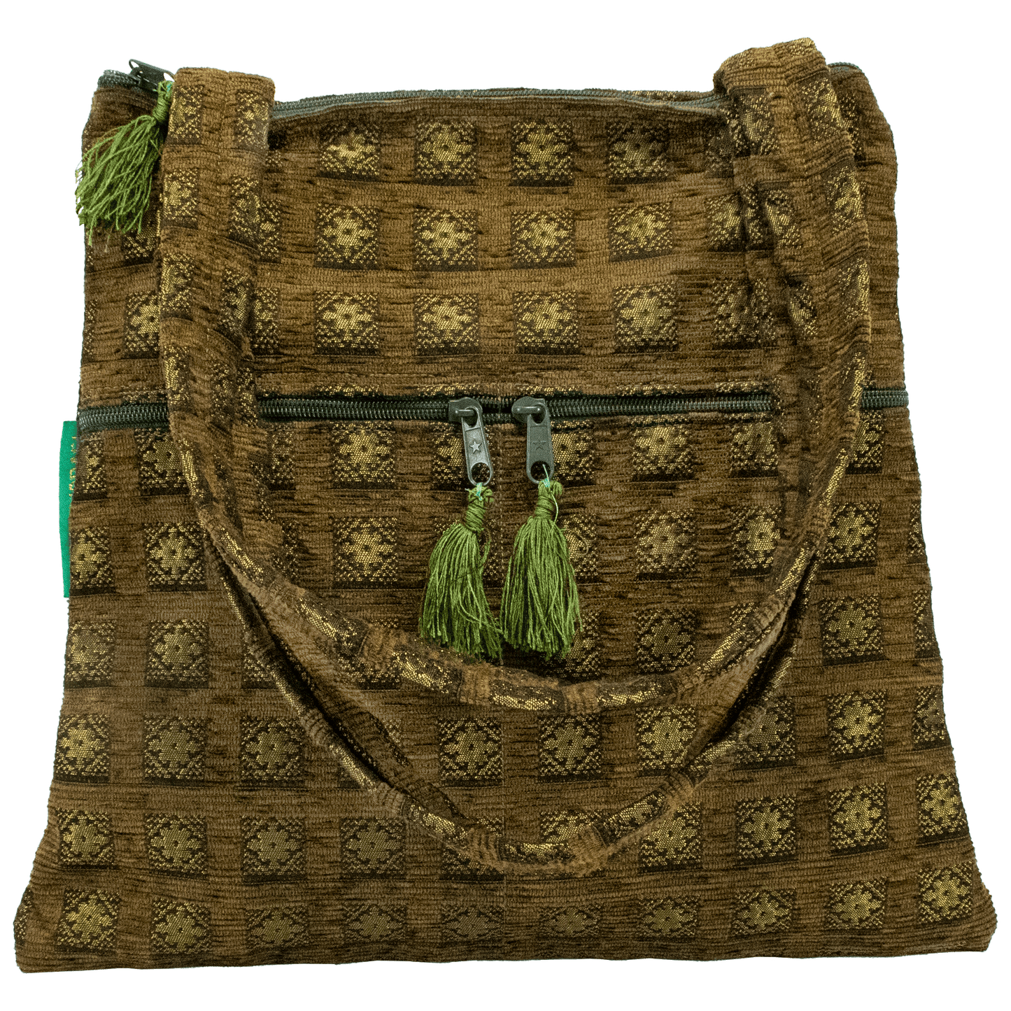 Medium subtle Trapezoid tote mossy green with square shimmery floral tile pattern