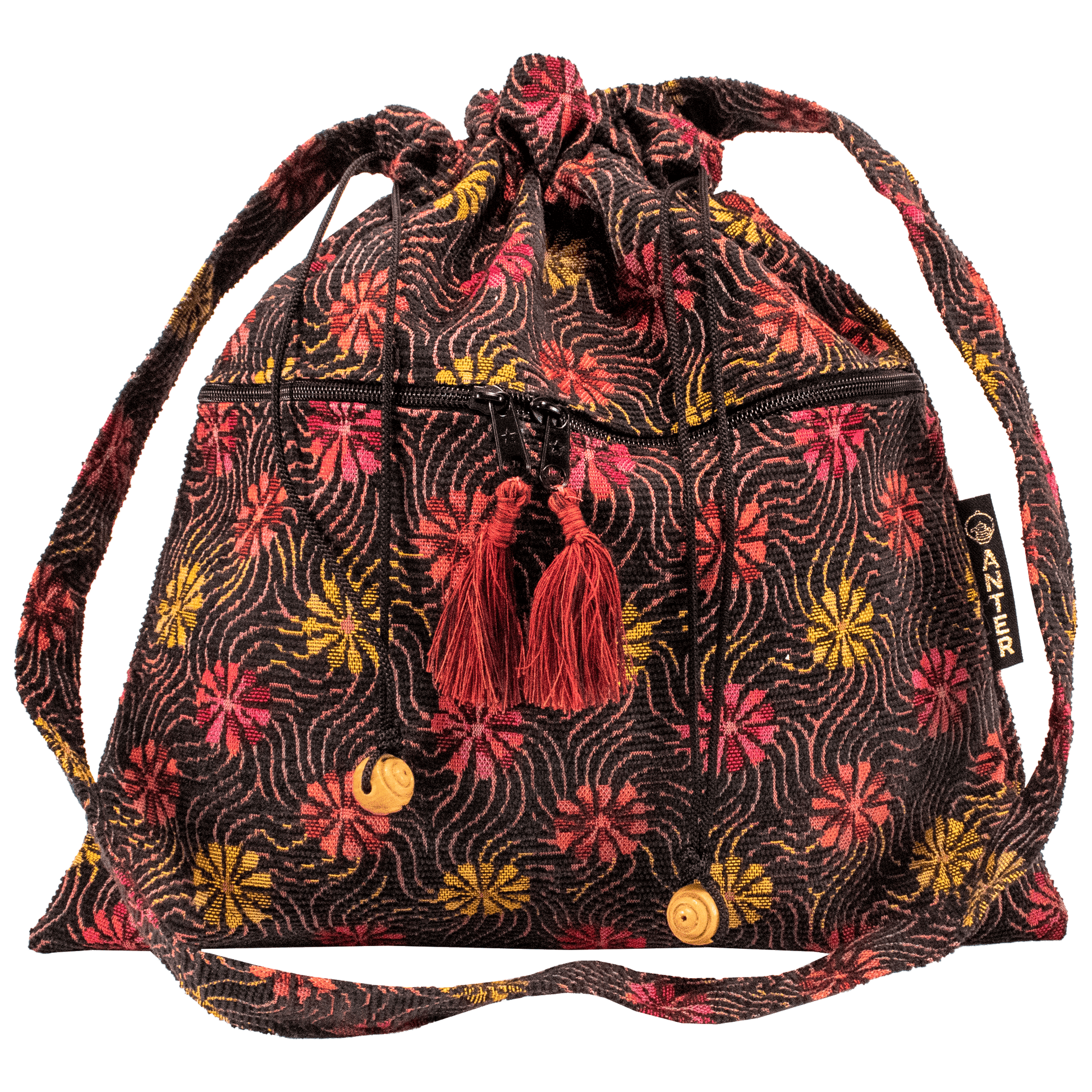 Large drawstring purse black with pink orange and yellow whimsical daisy pattern