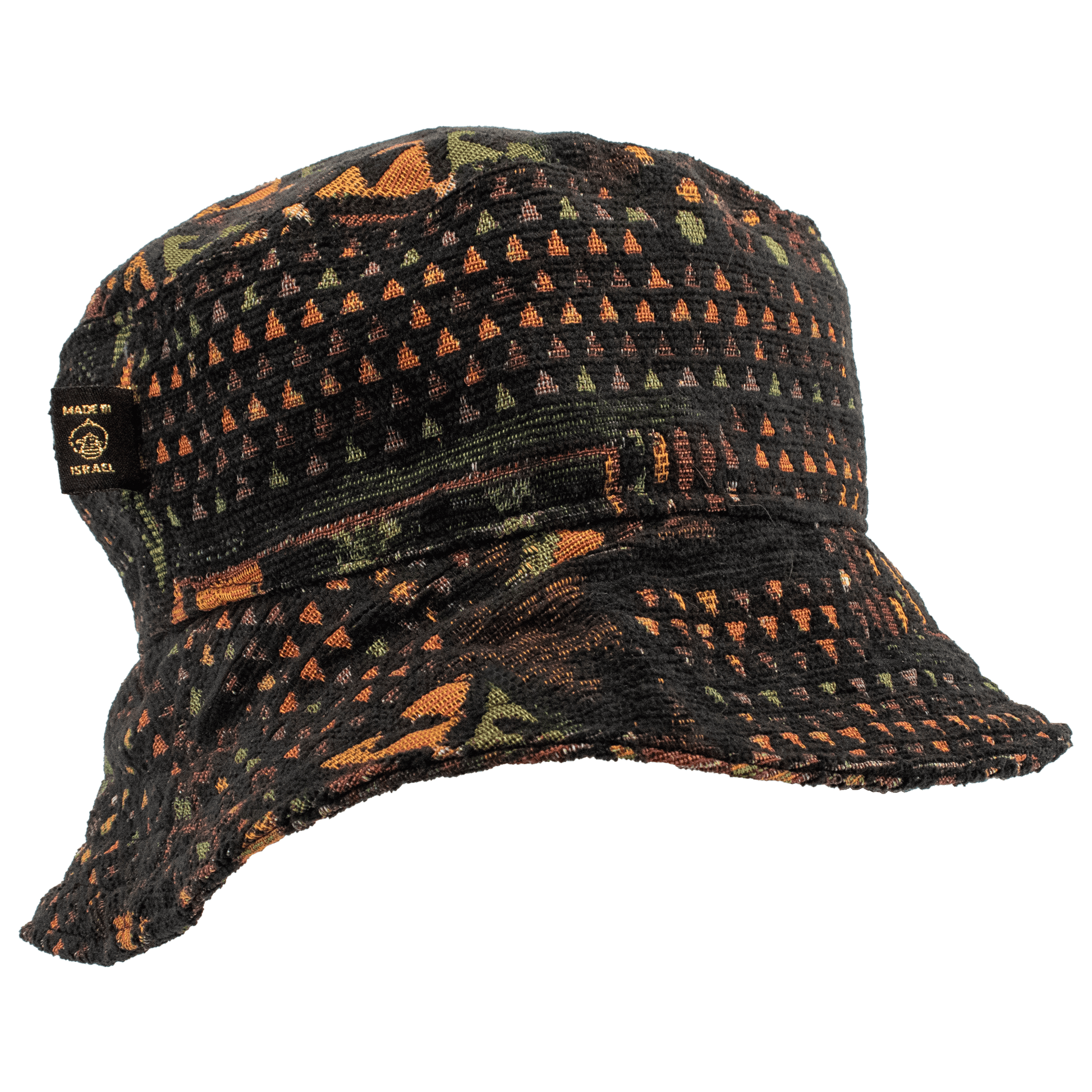 Bucket Hat black with earthy toned triangle pattern