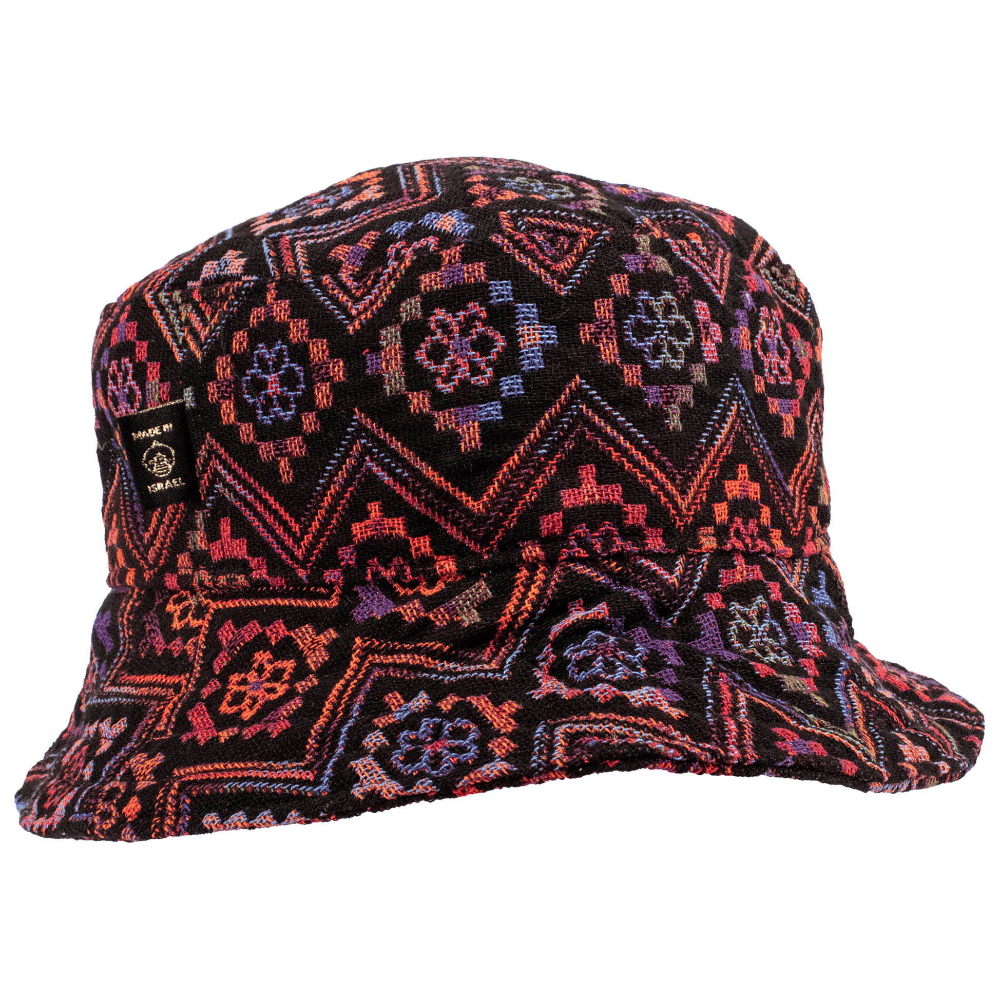 Black bucket hat with vibrant colorful geo floral pattern