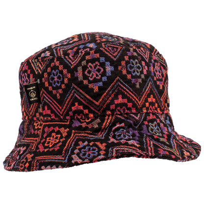 Black bucket hat with vibrant colorful geo floral pattern
