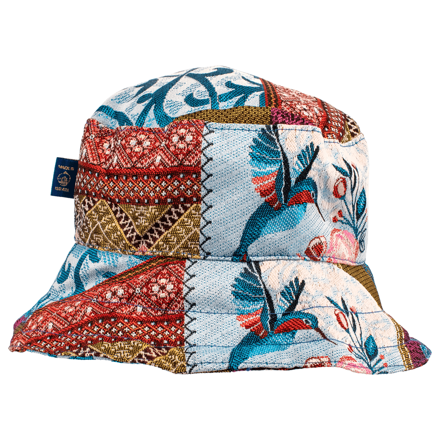 Bucket Hat with multi-pattern patchwork humming bird blue and red 