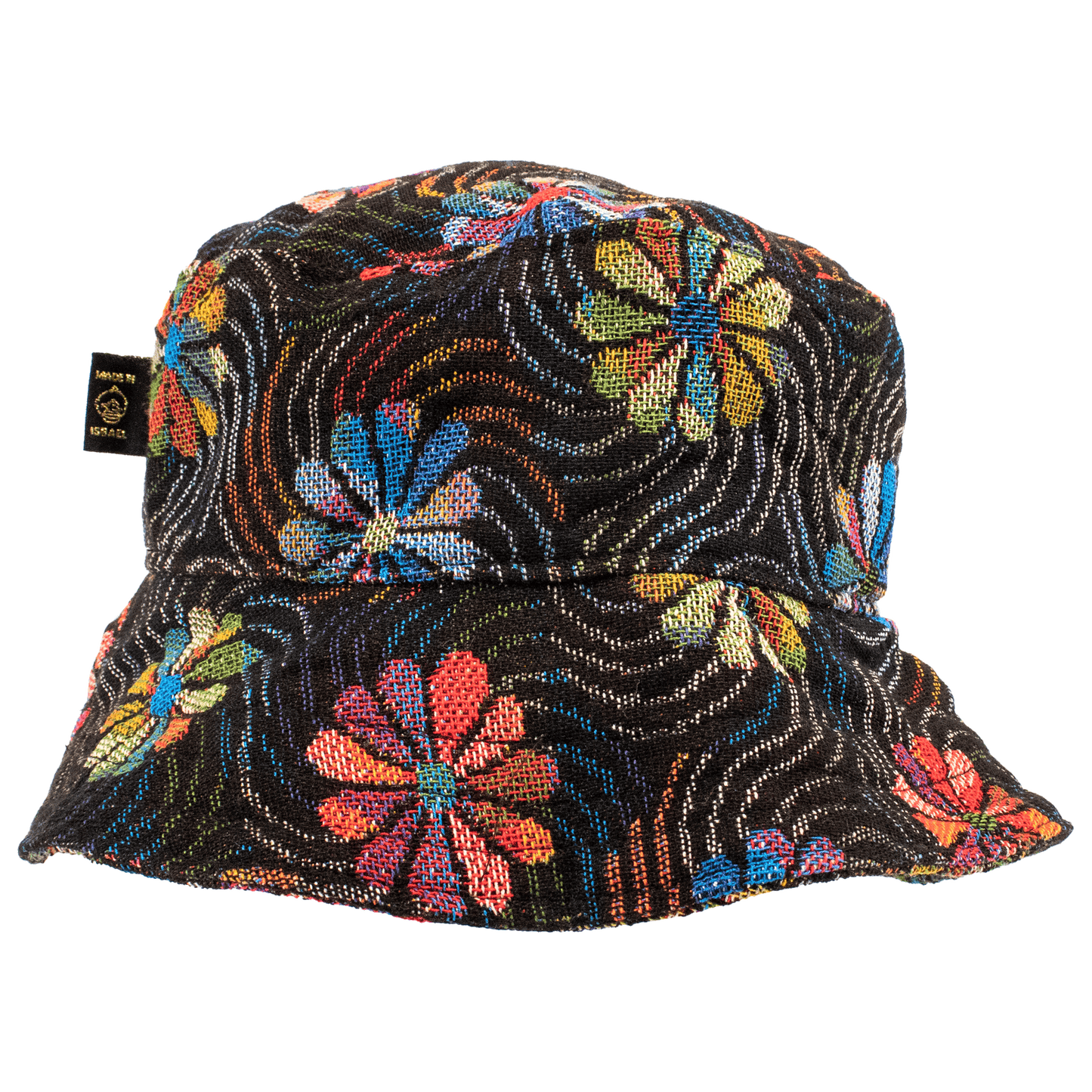 Black bucket hat with rainbow whimsical daisy pattern