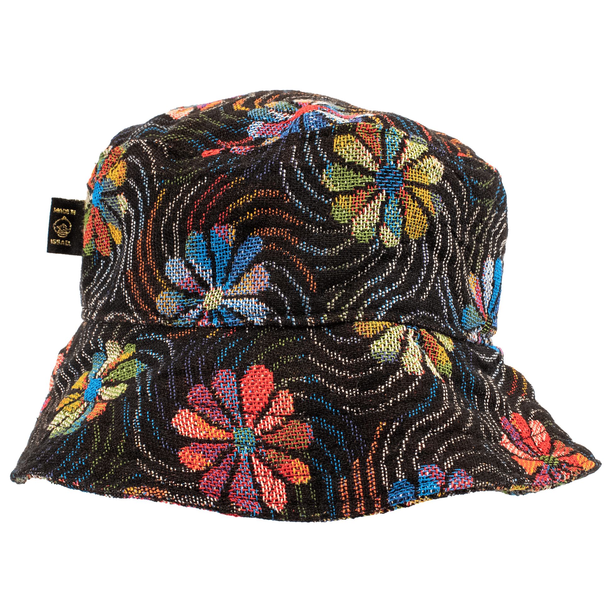 Black bucket hat with rainbow whimsical daisy pattern
