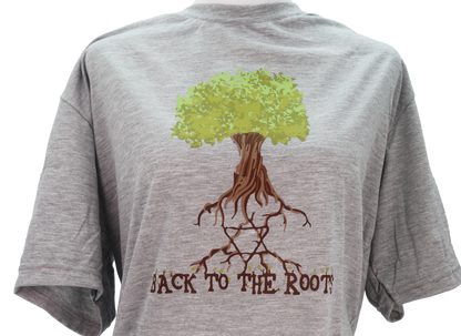 Close up of gray T-shirt with a tree that has the star of David in the roots and the phrase back to the roots underneath