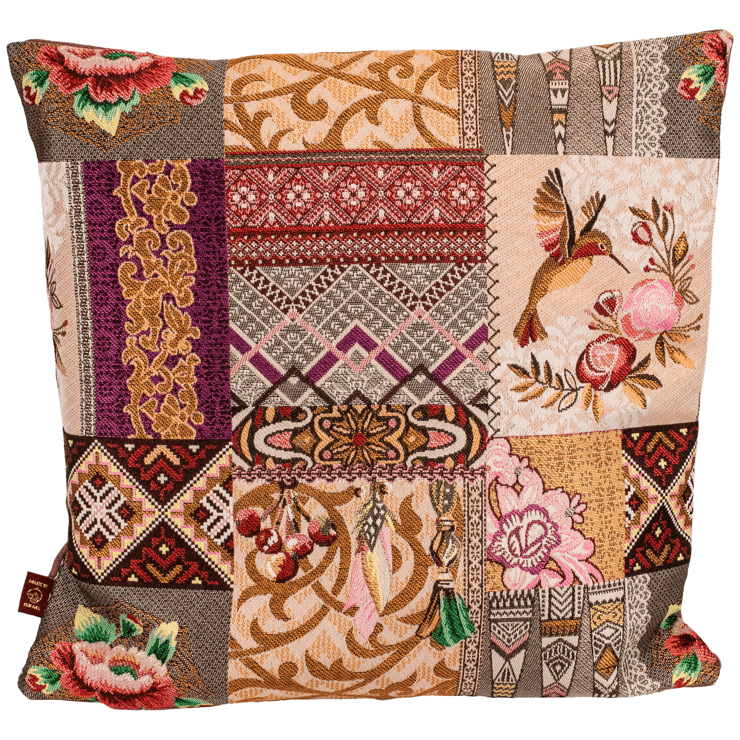 Multi-pattern patchwork pillow case with maroon and peach colorway